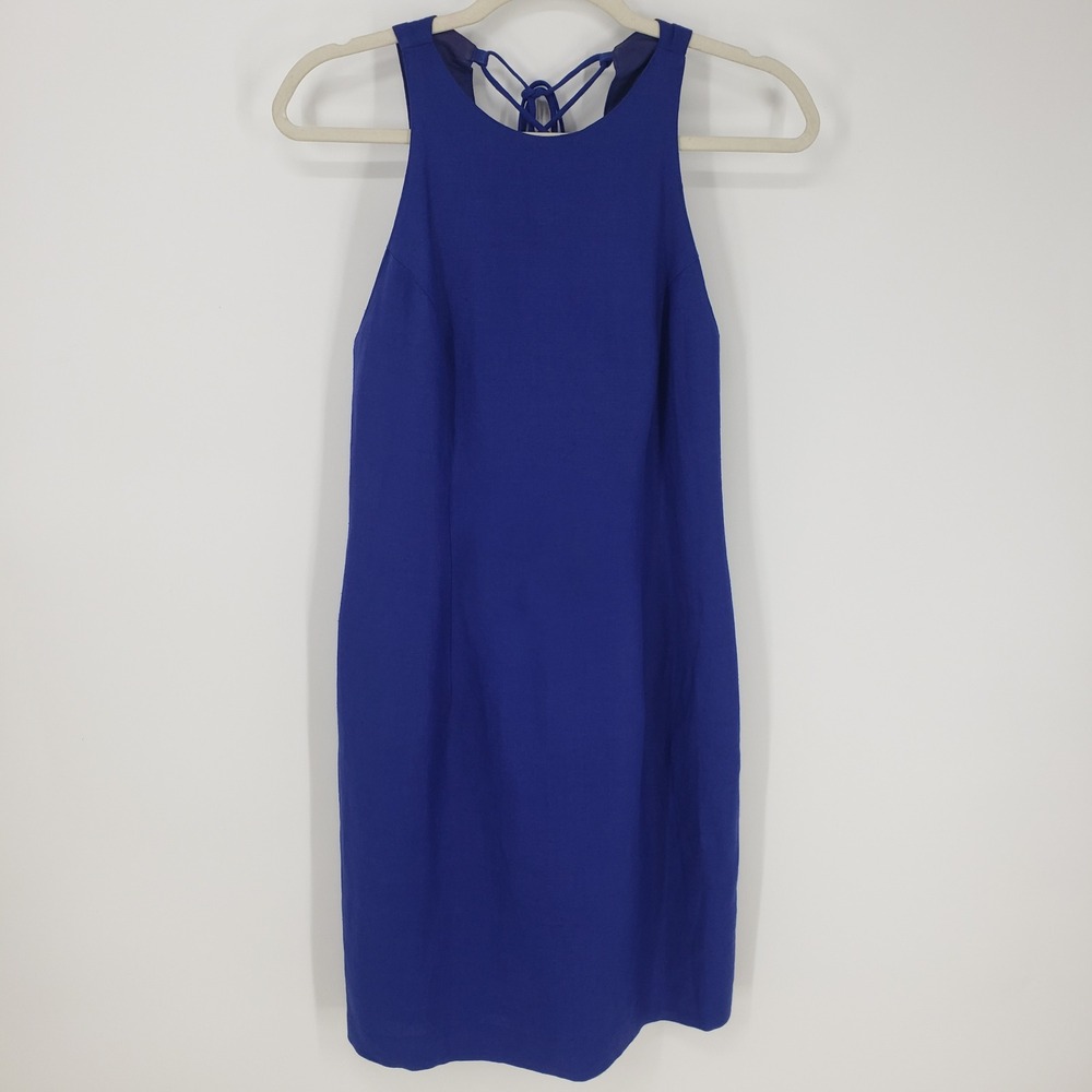 Vintage 90s Geary Roark Kamisato Lace Up Back Sheath Dress Sz 8 Blue Linen Blend